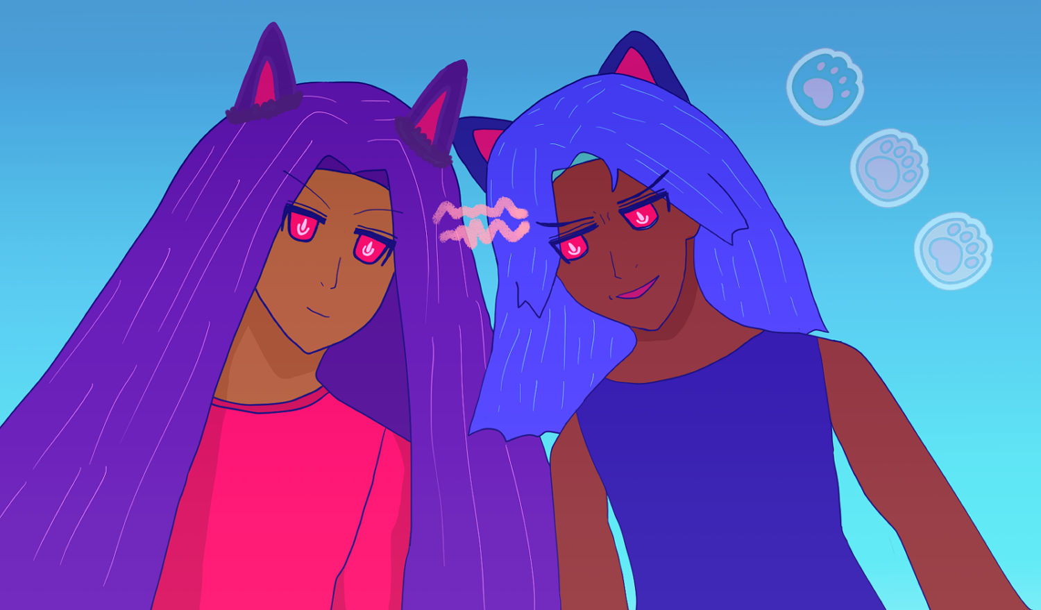 Alejandro Altaha has falling violet hair all around him and purple wolf-boy ears. He has red eyes and light bronze skin. He's staring at Antonio Chandrani-Rivera without any stress and seeming a little confident. He wears a red shirt. Antonio Chandrani-Rivera is noticeably stressed and irritated, with his brows drawn, his mouth in a stressed grin, and his hair blue hair like waves falling against Alejandro's as he stares back at him. He has red eyes and red-brown skin and wears a sleeveless blue shirt. He has cat ears also. On the side there's a black, pink, gold paws.

There's no diary entry for this one.